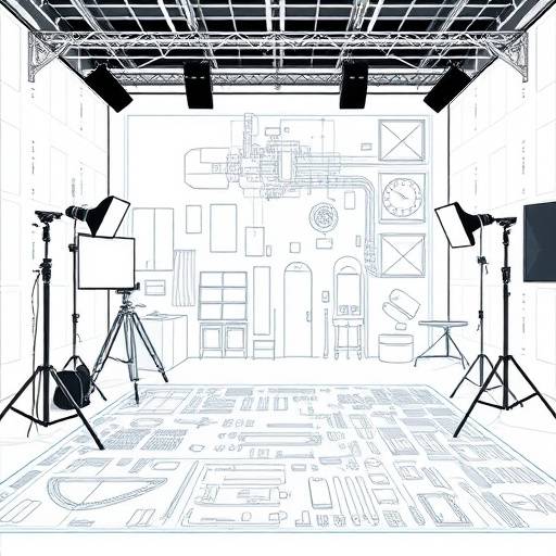 A blueprint showing the layout of a versatile photo studio with lighting equipment.