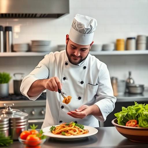 A chef preparing an intricate dish in a professional kitchen set within a studio, highlighting culinary artistry.