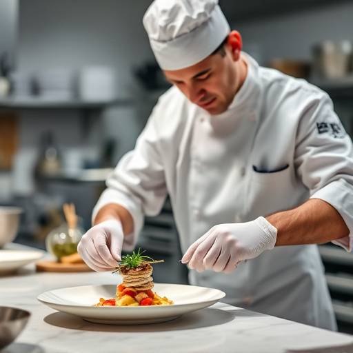 A chef preparing an intricate dish in a professional kitchen set within a studio, highlighting culinary artistry.