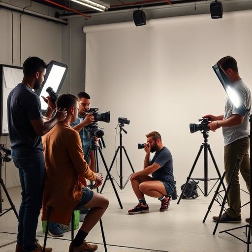 A diverse group of photographers collaborating in a well-lit photography studio.