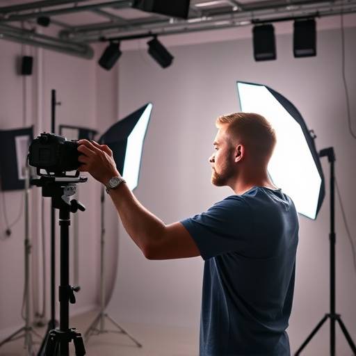 A photographer adjusting a studio light in a bright, modern studio space.