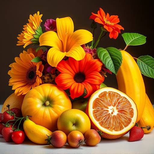 A vibrant still life arrangement of fresh fruits and flowers, expertly lit in a studio environment.
