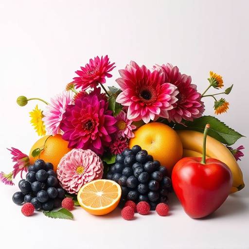 A vibrant still life arrangement of fresh fruits and flowers, expertly lit in a studio environment.