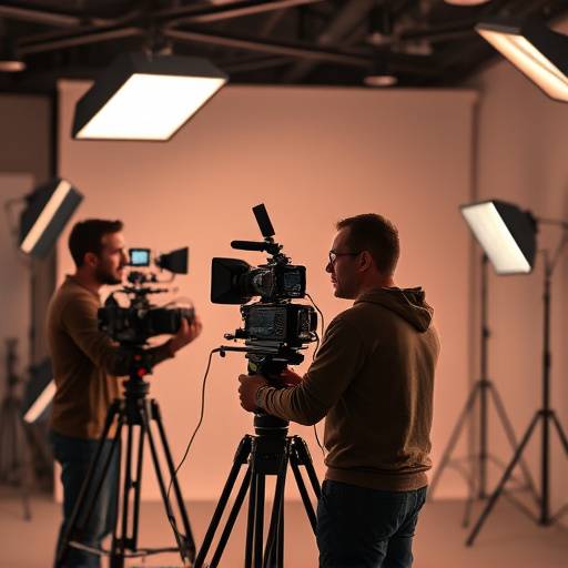 Behind-the-scenes shot of a video production crew setting up lights in a studio
