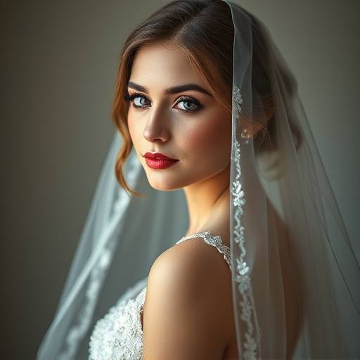 Bridal portrait with ethereal lighting and soft focus, highlighting the elegance of the wedding gown in a studio.