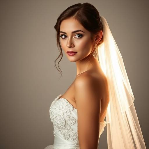 Bridal portrait with ethereal lighting and soft focus, highlighting the elegance of the wedding gown in a studio.