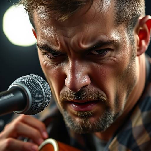 Close-up portrait of a musician with intense expression and studio lighting
