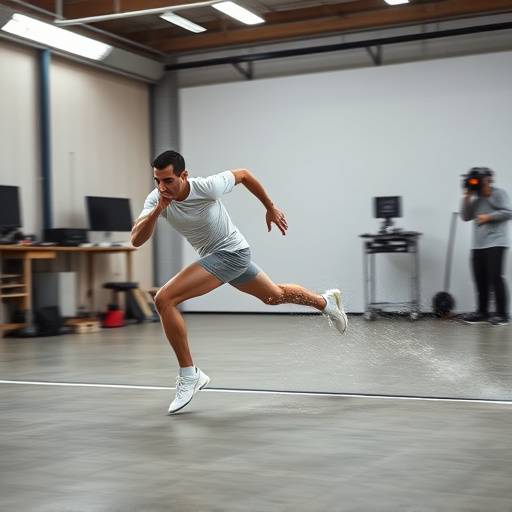Dynamic action shot of an athlete in motion, captured with high-speed photography in a specialized studio setup.