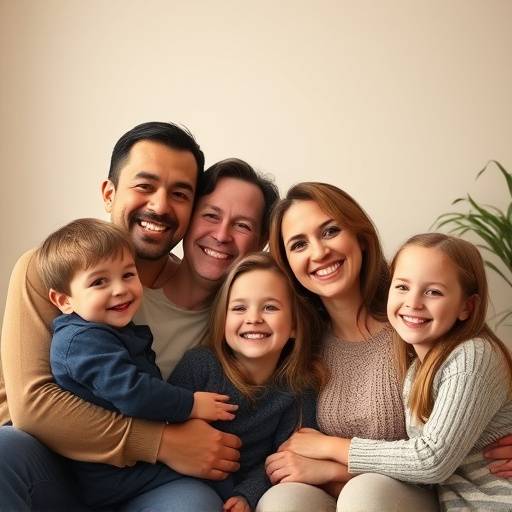 Family portrait with warm, soft lighting, showcasing natural smiles and interactions in a cozy studio setting.