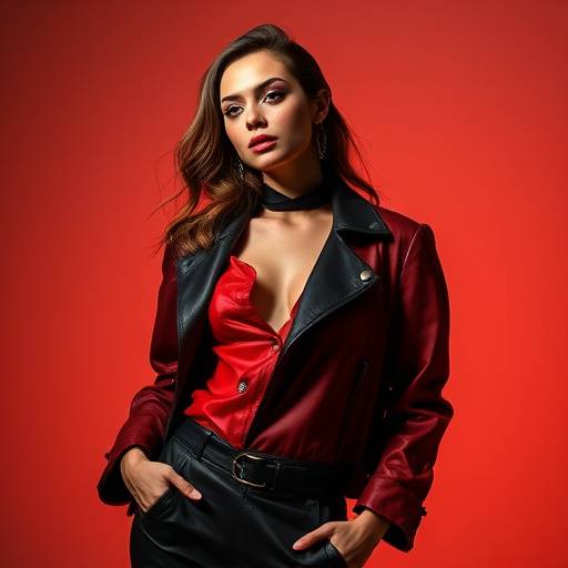 Fashion model posing dramatically in a studio with dramatic lighting, wearing avant-garde clothing.