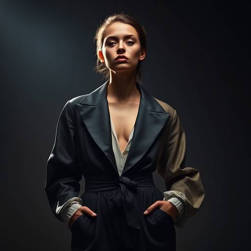 Fashion model posing dramatically in a studio with dramatic lighting, wearing avant-garde clothing.