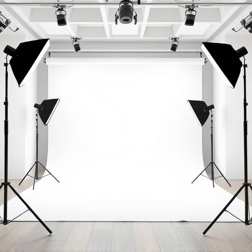 Interior of a modern, well-lit photo studio with seamless backdrops and professional lighting equipment.