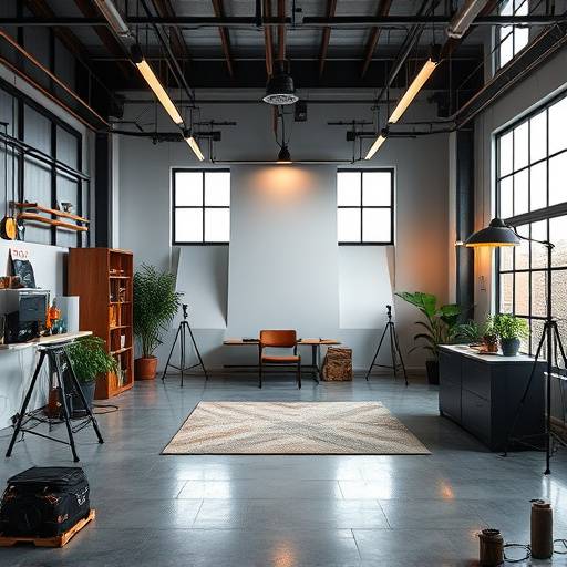 Modern studio with industrial elements and controlled lighting