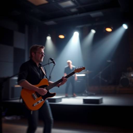 Musician performing on a dimly lit stage set within a spacious studio, captured with dynamic motion blur.